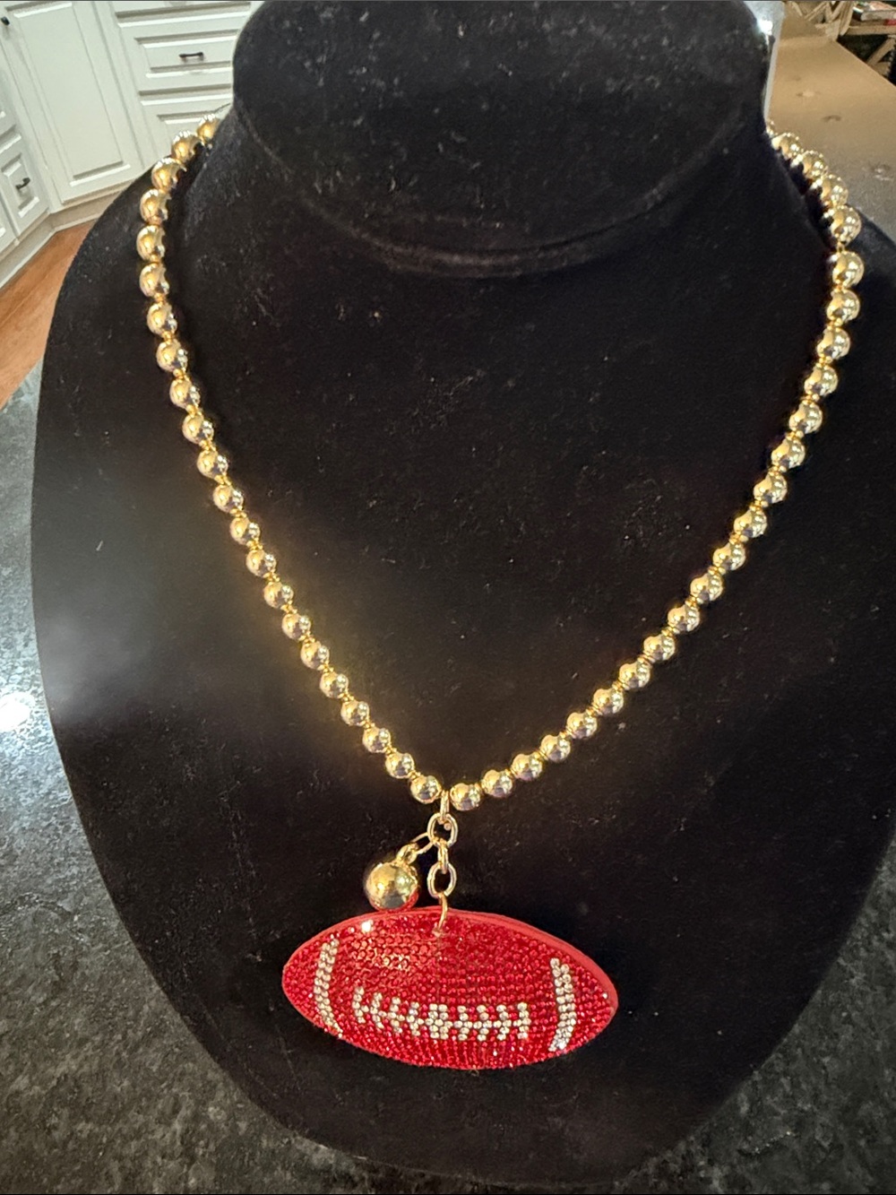 Gold Chain Necklace with Red Crystal Football Pendant